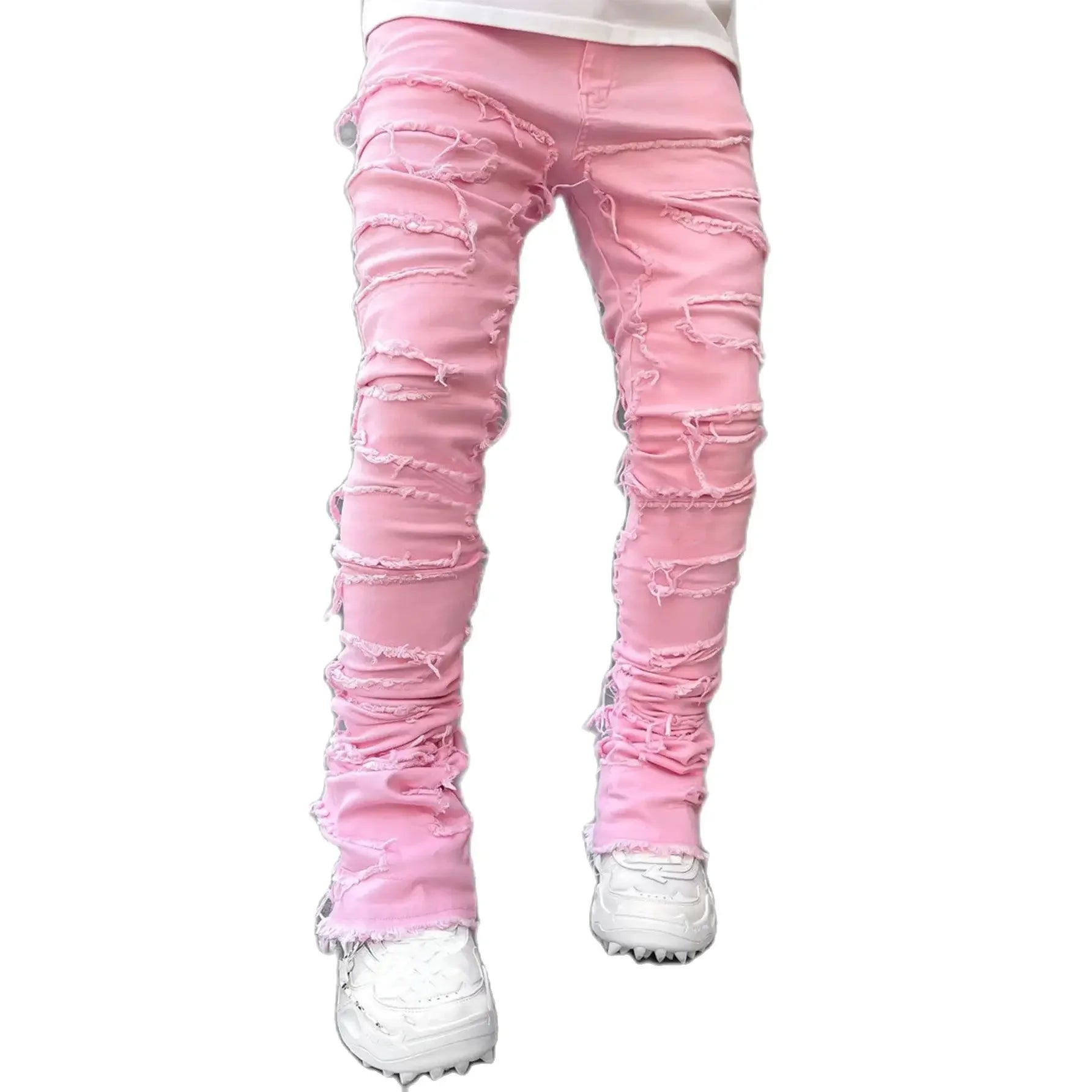 New Fashion Stretch Jeans Man Stacked Jeans Elastic Waist Straight Fit Patchworks Denim Long Pants Fringe Ripped Jeans For Men