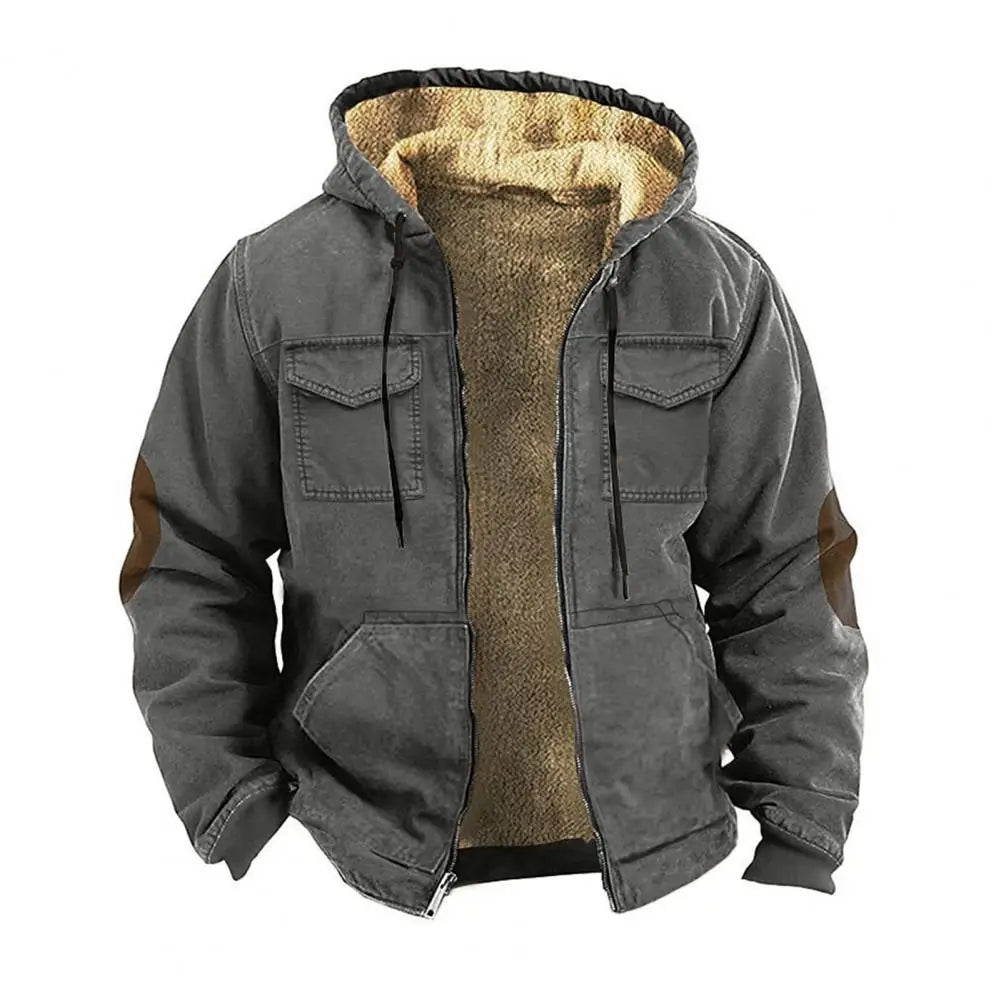 Men Thermal Jacket Hooded Drawstring Long Sleeve Solid Color Jacket With Pockets Zipper Closure Plush Lining Sporty Coat