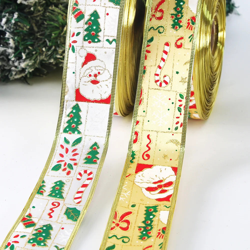 Christmas Ribbon 2M/Pack - Santa Snowman Design - Decor for Tree Wreath - Festive Ornament Accessory Christmas Supplies