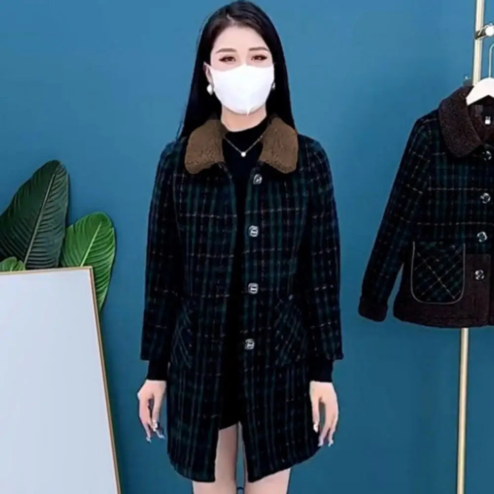 Women Plaid Coat Checkered Winter Mother Jacket Pockets Turn-down Collar Single-breasted Mid Length Overcoat Mid-aged Women Coat