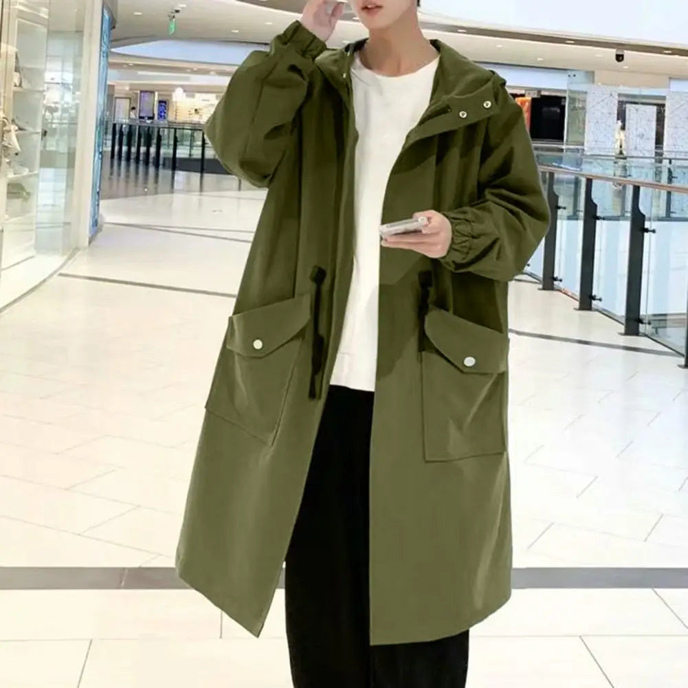 Long Trench Coat Jacket Men Autumn Spring Black Hip Hop Japanese Coats Streetwear Male Hooded Green Khaki Casual Jackets