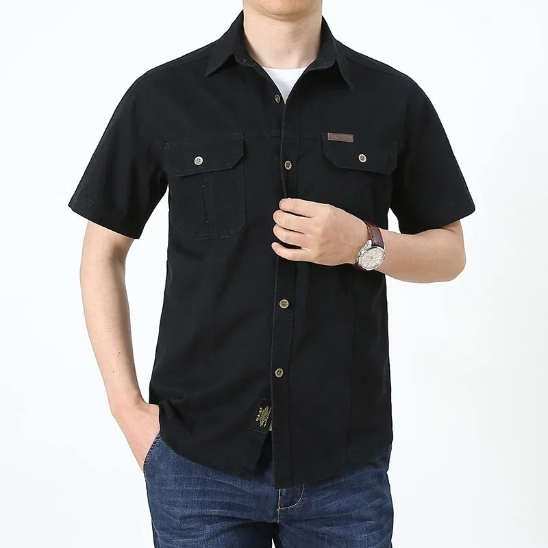 2023 Men Cargo Shirt Casual 100% Cotton Solid Short Sleeve Multi Pocket Work Blouses Loose Plus Size 5XL Business Men Clothing