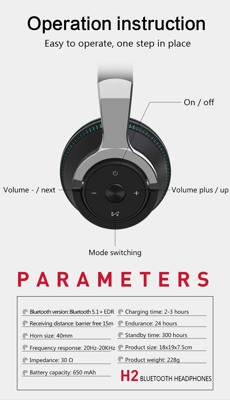 Bluetooth Headphone Wireless Earphone H2 Max Headsets Foldable Shock Bass Stereo Earbuds Support TF FM For Xiaomi iPhone Airpids