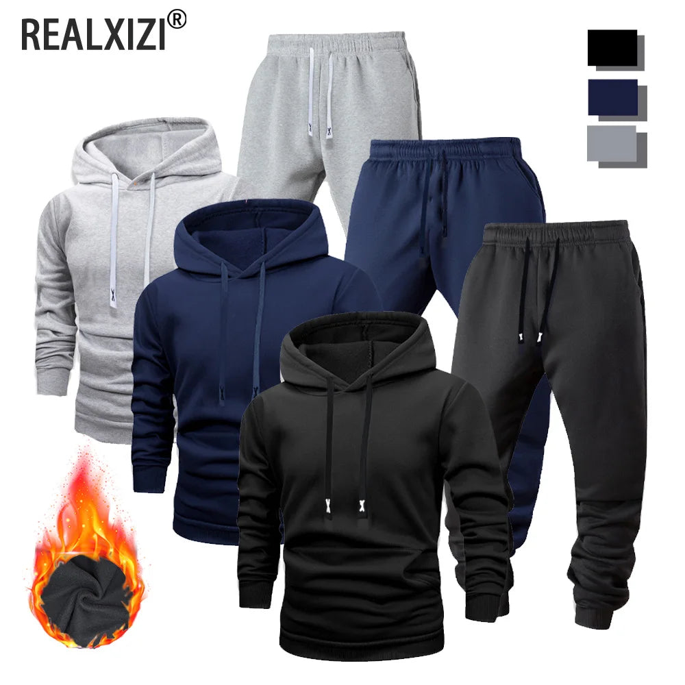 Tracksuit for Men Hoodie Sweatshirt and Pants Set Autumn Warm Sports Suits Male Casual Jogging Pullover Trousers 2 Pieces Sets