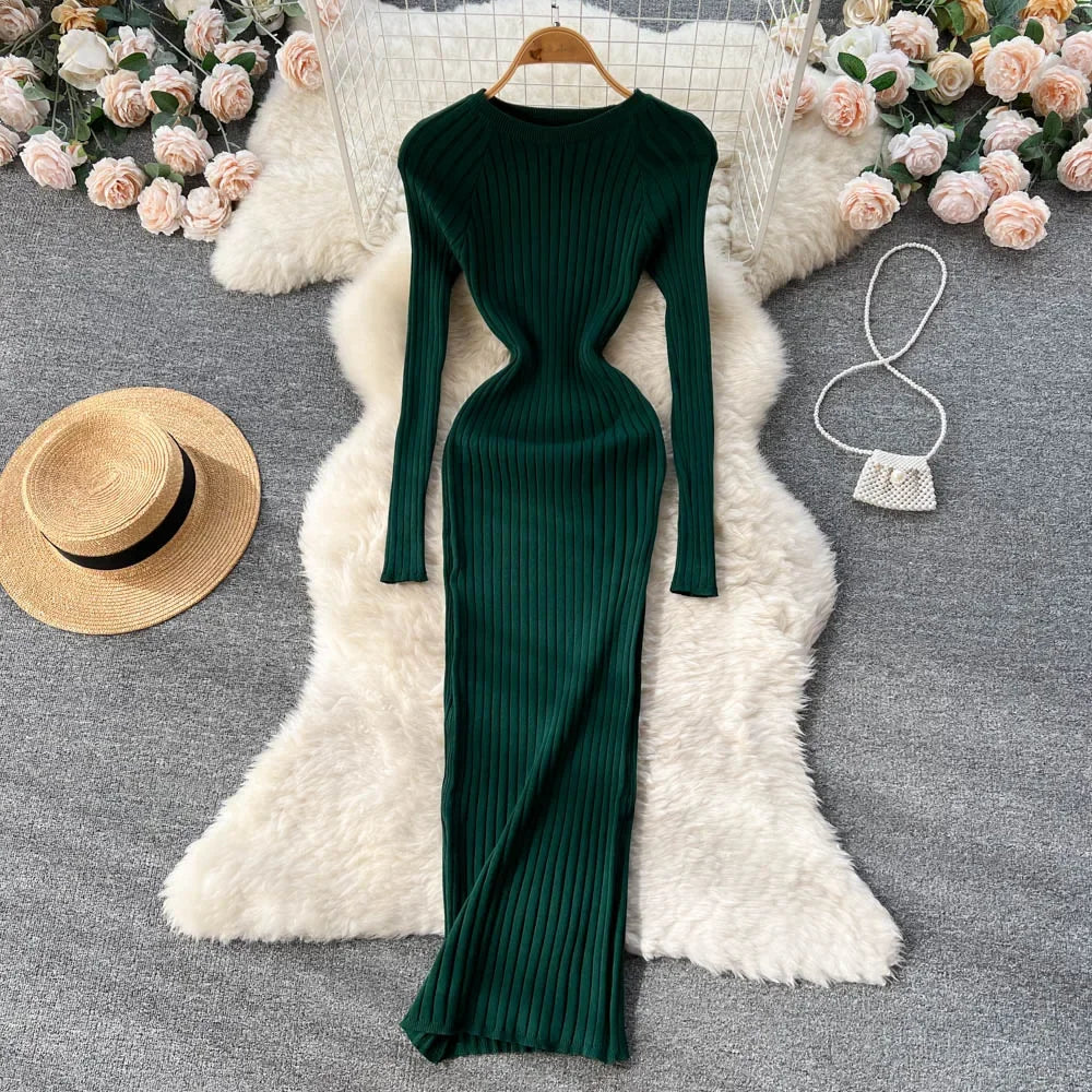 Women Knitted Dress O Neck Sexy Slim Elastic Oversized Basic Bodycon Long Dress Winter knit Warm Sweater Dresses