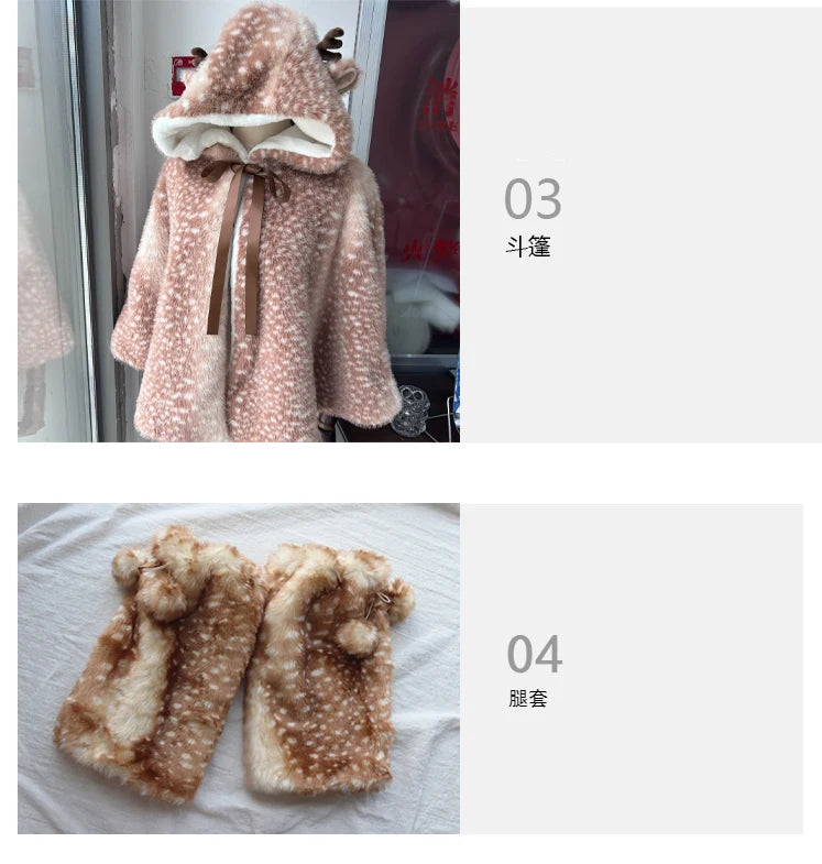 Winter Women's Japanese Plush Cute Printed Deer Dot Christmas Cloak Thickened Kawaii Deer Windproof Elk Shawl Jacket