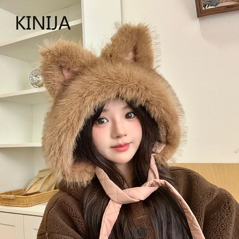 Winter Hat Thicken Ski Beanie Hat for Women Balaclava Spicy Girl Style Cat Girlfriend Hat Outdoor  Warm Protection Accessories