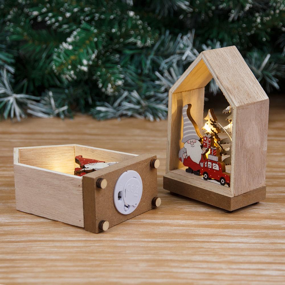 Christmas Ornaments Xmas LED Wooden House Glowing Santa Claus Wooden House Ornament For Party Home Desktop Decor