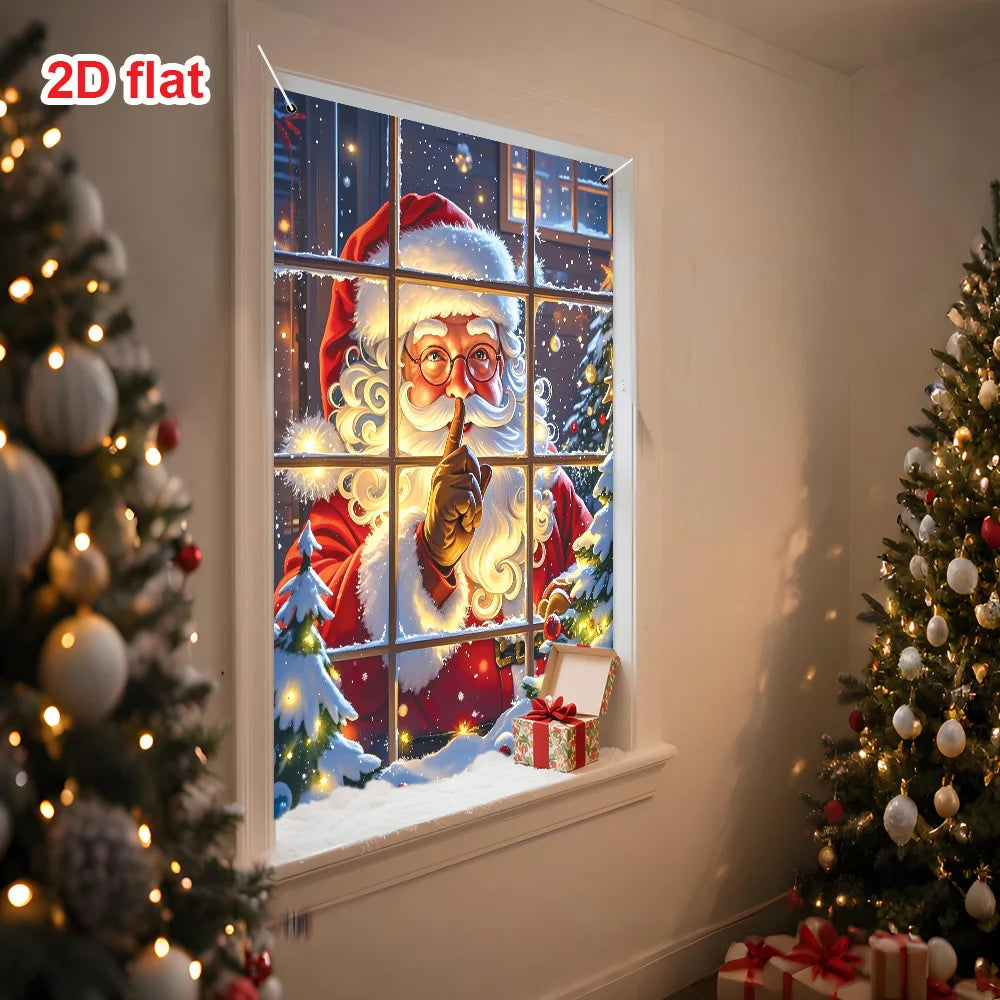 Christmas themed decoration flag, classic Santa Claus in red suit, snow windows, Christmas tree, gifts, and colorful lights