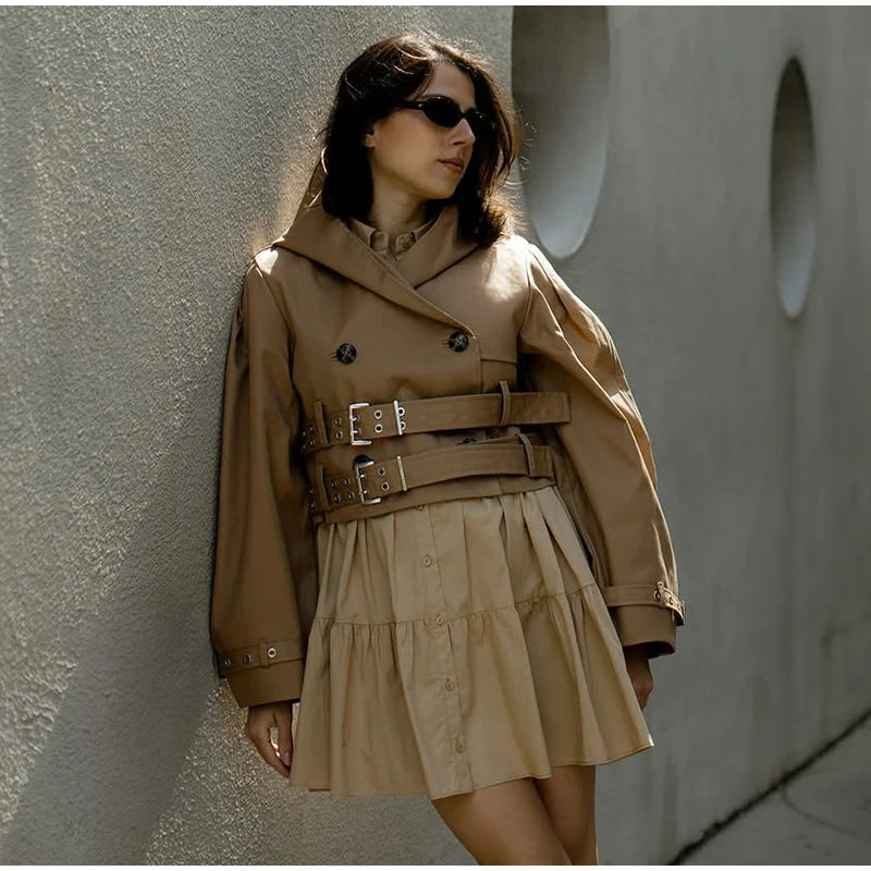 Women's Jacket Chic Double Belt Hooded Full Sleeve Button Female Female Jackets 2025 Autumn Fashion High Street Lady Outwears