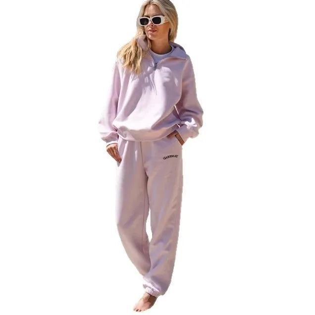 Fashionable Women's Sports Suit, Solid Color Loose Lapel, Long-sleeved Top, Straight-leg Pants, 2025 Women's Casual Sports Suit