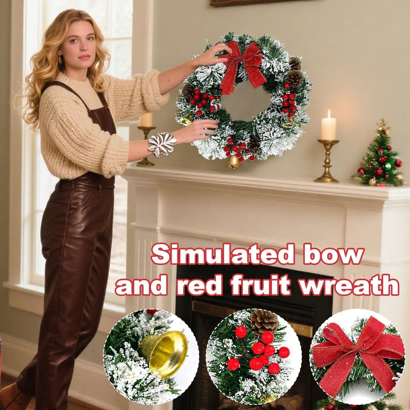 Christmas Wreath 30cm Holiday Decor with Berries Bow Bells Artificial Greenery Garland for Door Window Wall Christmas Decoration