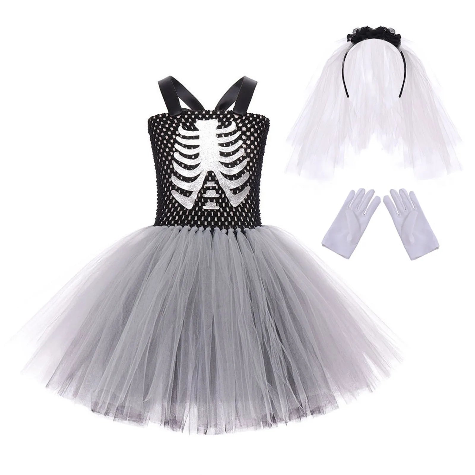 Halloween Terror Costumes For Girls Black White Ghost Scary Outfits Halloween Skeleton Fancy Tutu Dress For Kids