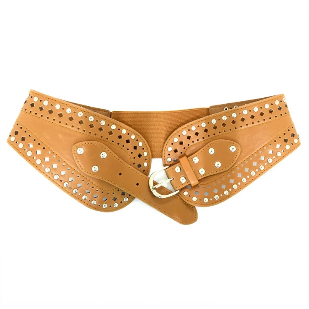 Women Accessories New Design Fashion Black Brown Pu Leather Silver Plated Buckle Elastic Belts