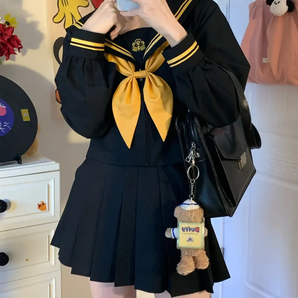 Japanese School Uniform Girls Plus Size Jk Suit Role Play High School Yellow Tie Black Basic Sailor Suit Female Long Sleeve Suit