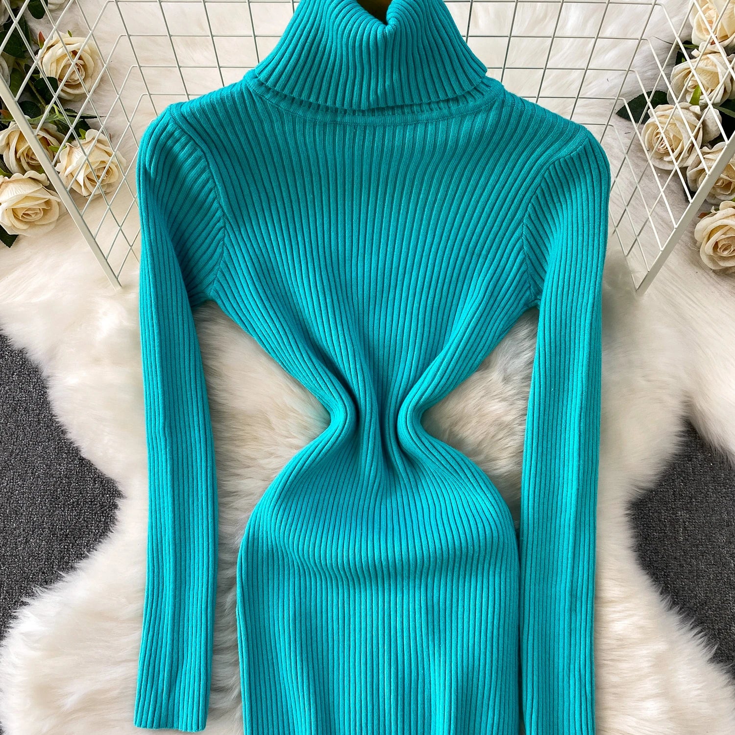 Women Winter Turtleneck Knittign Dress Stretch Slim Long Sleeve Soft Knitwear Dresses Female Casual Lining Simple Bottom Vestido