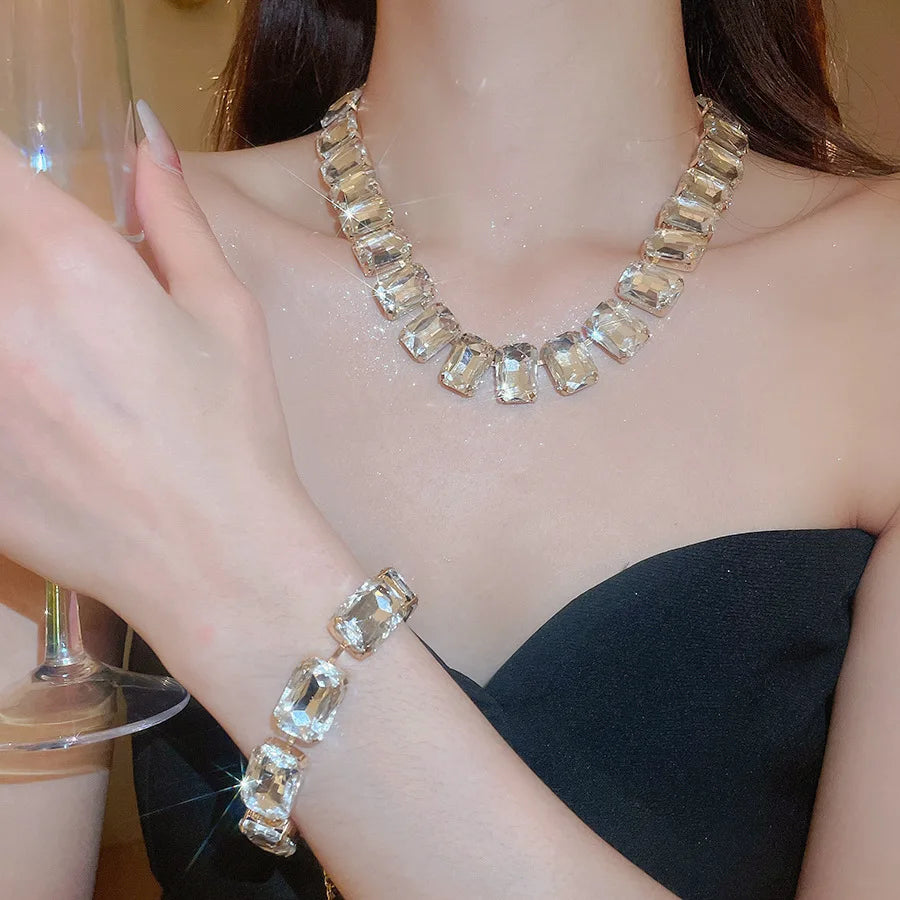 Bride Crystal Necklace Earrings Bracelets Set Bridesmaid Wedding Jewellry Three Pieces Choker Necklace Prom Costume Jewelry Sets