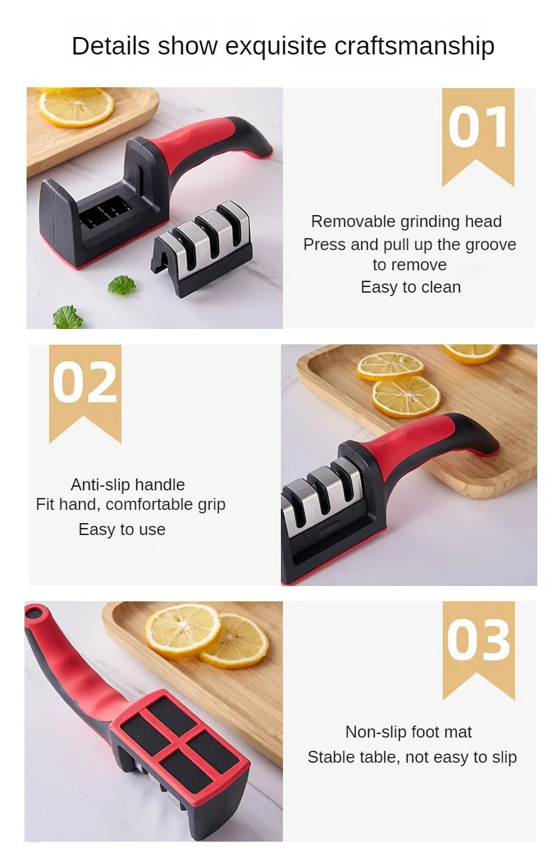 Kitchen 3-Segment Knife Sharpener Household Multi-Functional Hand-Held Three-Purpose Black Sharpening Stone.