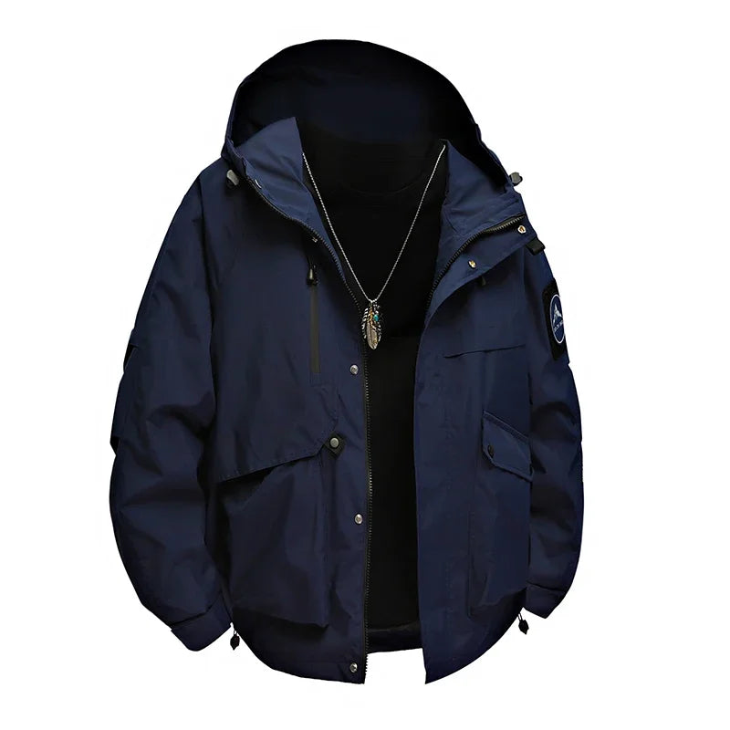 Men's workwear down jacket, American color-blocked hooded jacket for autumn and winter, cool and casual coat for teenagers