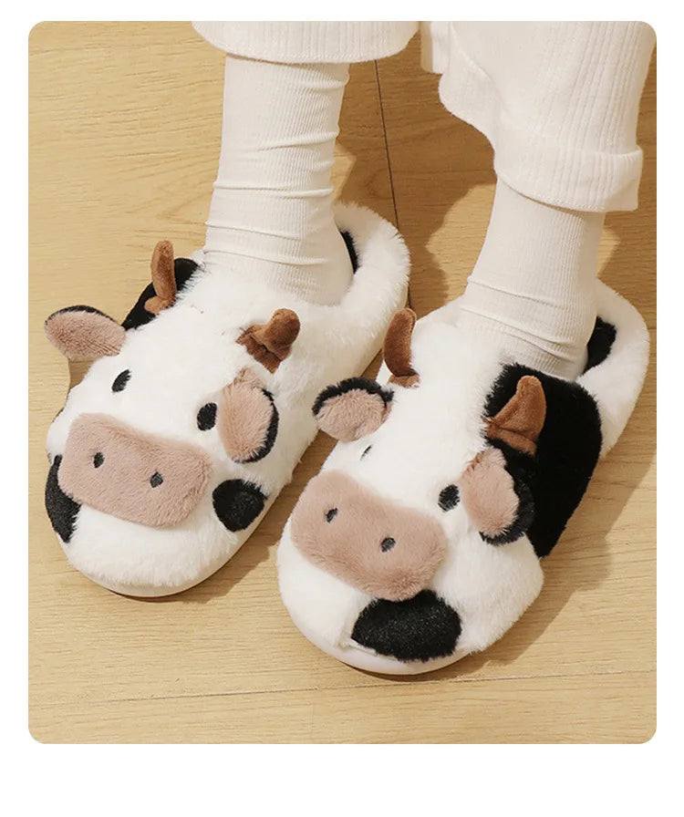 Winter Home Slippers for Couples Warm Plush Neutral Cartoon Cow Indoor Anti Slip Comfortable Cotton Slippers for Men and Women
