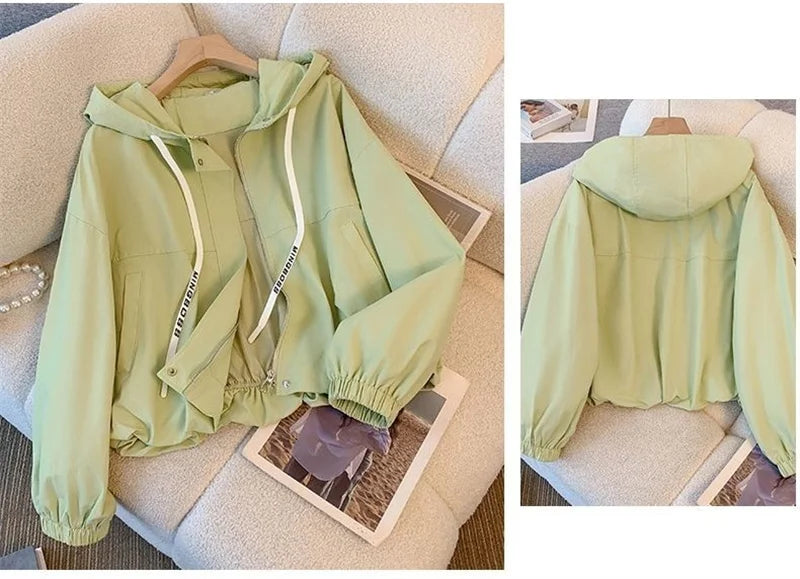 Women's Jacket Fashion Hooded Windbreaker New Spring Autumn Female Casual Short Coat Outwear Pink Green White Female Outerwear