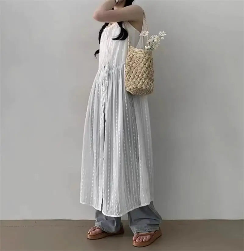 Embroidered Dress for Women in Summer Thin Lace up Layered Vest Long Cover Skirt