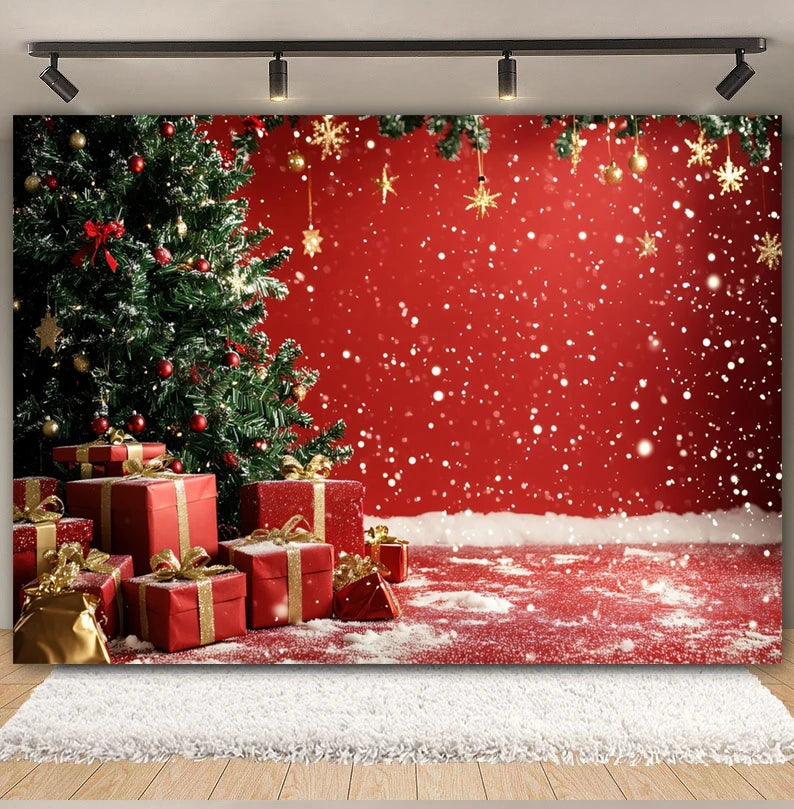Christmas Day Decor Backdrop for Photography Xmas Tree Red Room Wall Glitter Gift Family Holiday Portrait Decor Photo Background