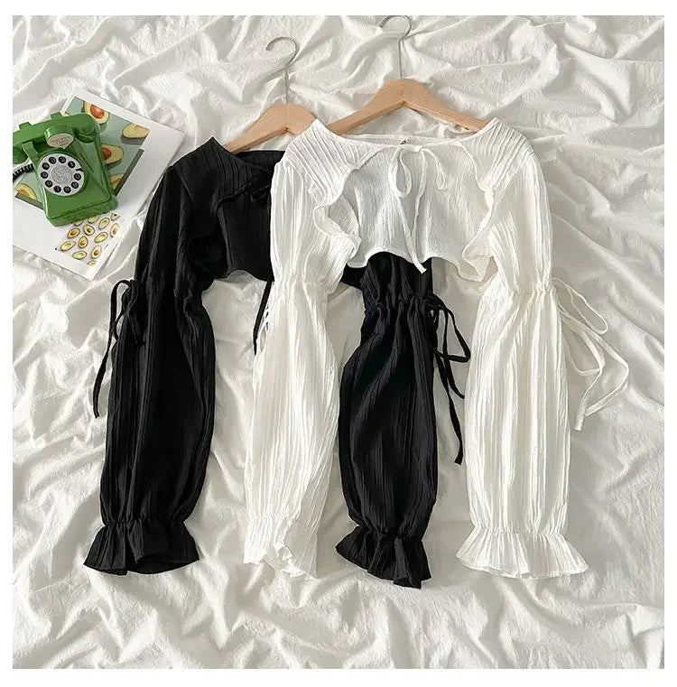 Women's Jackets Chic Folds Designer Summer Lace-up Crop Jacket Vintage Fashion Temper Sweet Girlish Long Sleeve Sun-proof Coat