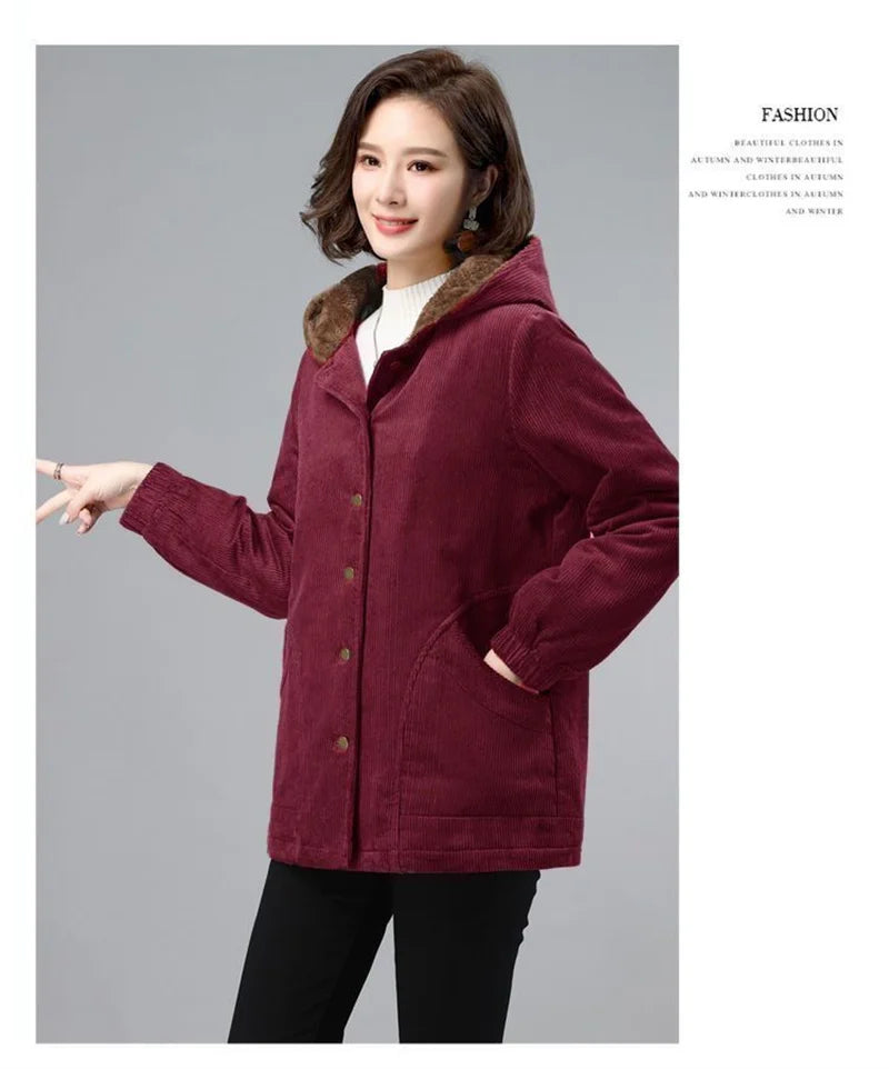 Women Corduroy Jackets 2025 New Autumn Winter Solid Loose Coat Female Casual Middle-Aged Plus Velvet Warm Hooded Ladies Overcoat