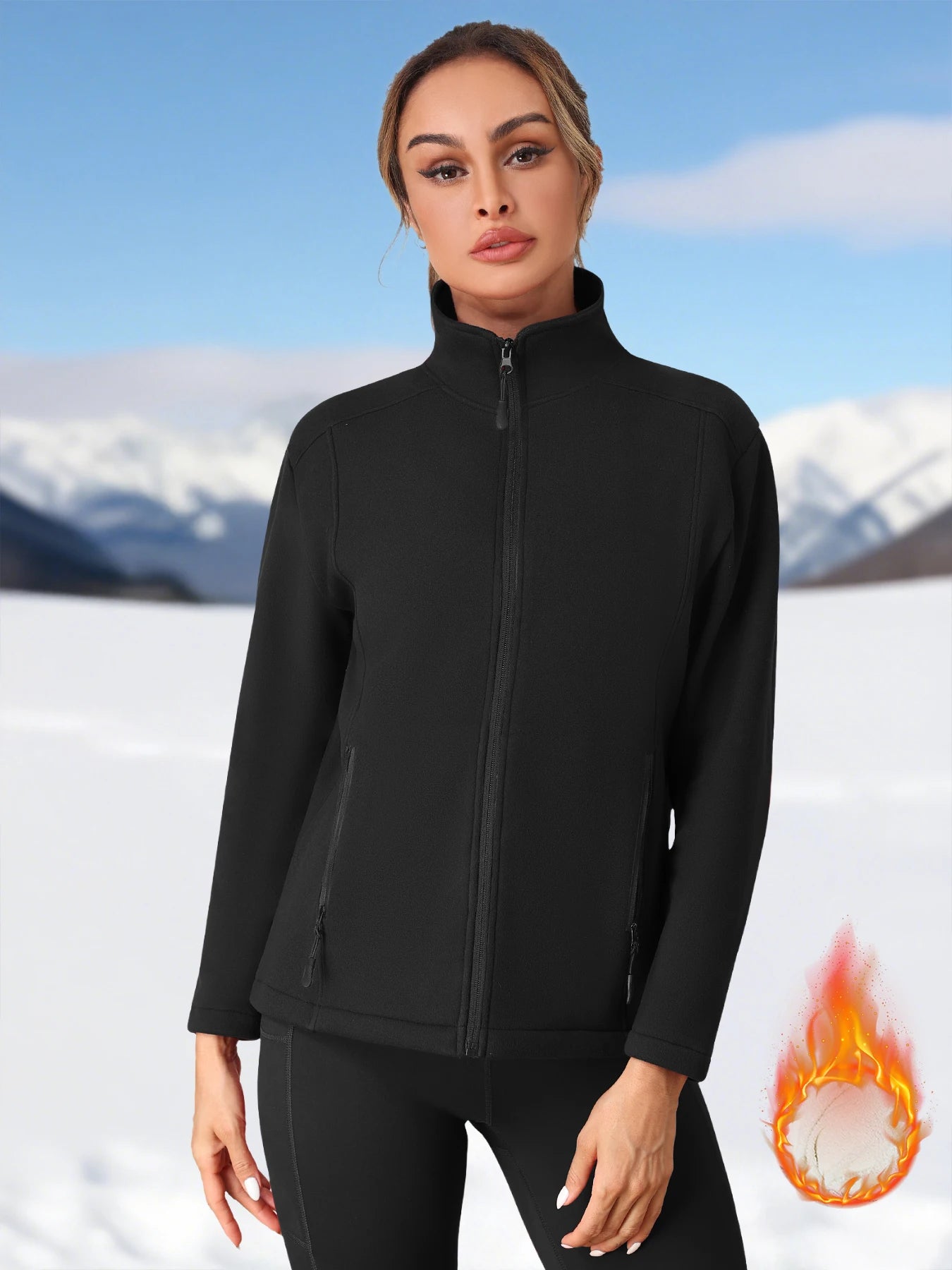 Fleece Jacket for Women Full Zip Solid Color Pullover with Two Utility Pockets Autumn Winter Warm Thick Coat Slim Soft Jacket