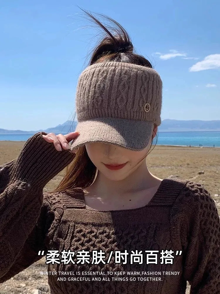 Winter Warm Headband Hat With Brim Thick Knit Cap Ponytail Hole Ponytail Opening Ear Covers Fashion Fashion Knit Hat Accessories