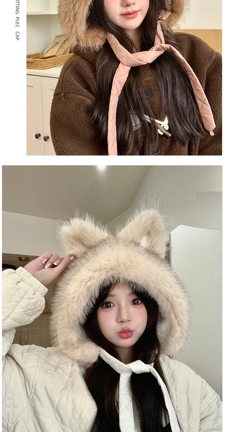 Winter Hat Thicken Ski Beanie Hat for Women Balaclava Spicy Girl Style Cat Girlfriend Hat Outdoor  Warm Protection Accessories