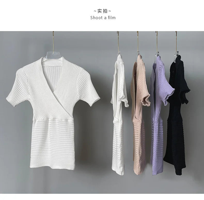 WOMENGAGA Korea Sexy V-neck High Waist Large Chest Tight Thin Knit Short Sleeve T-shirt Women's Hot Sexy Korean Women Tees 5INW