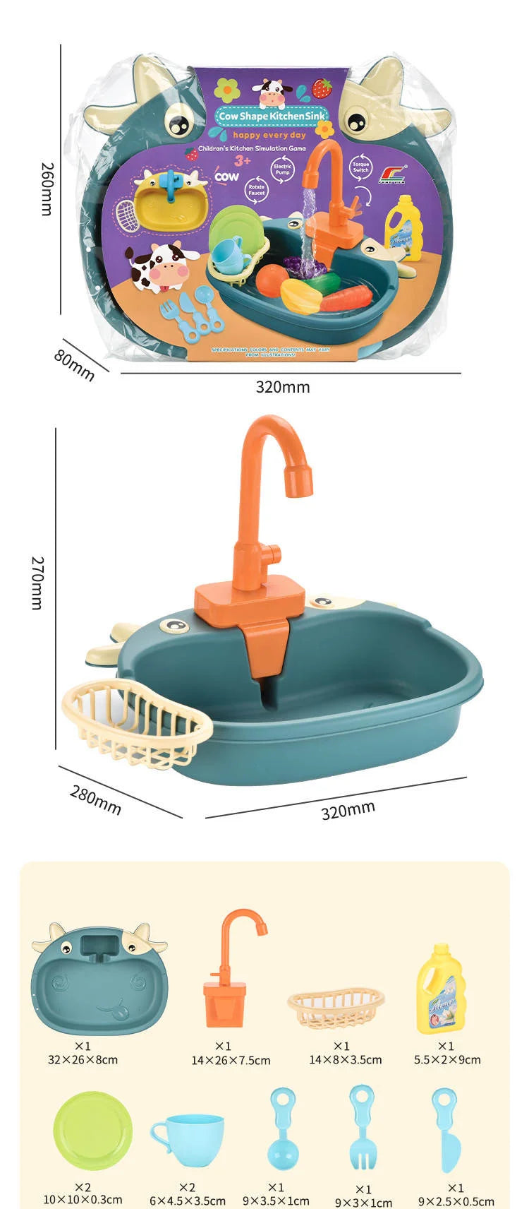 Kids Playhouse Kitchen Set Simulated Dishwasher Sink Hand Basin with Circulating Water Toddler Toys for Boys Girls and Role Play