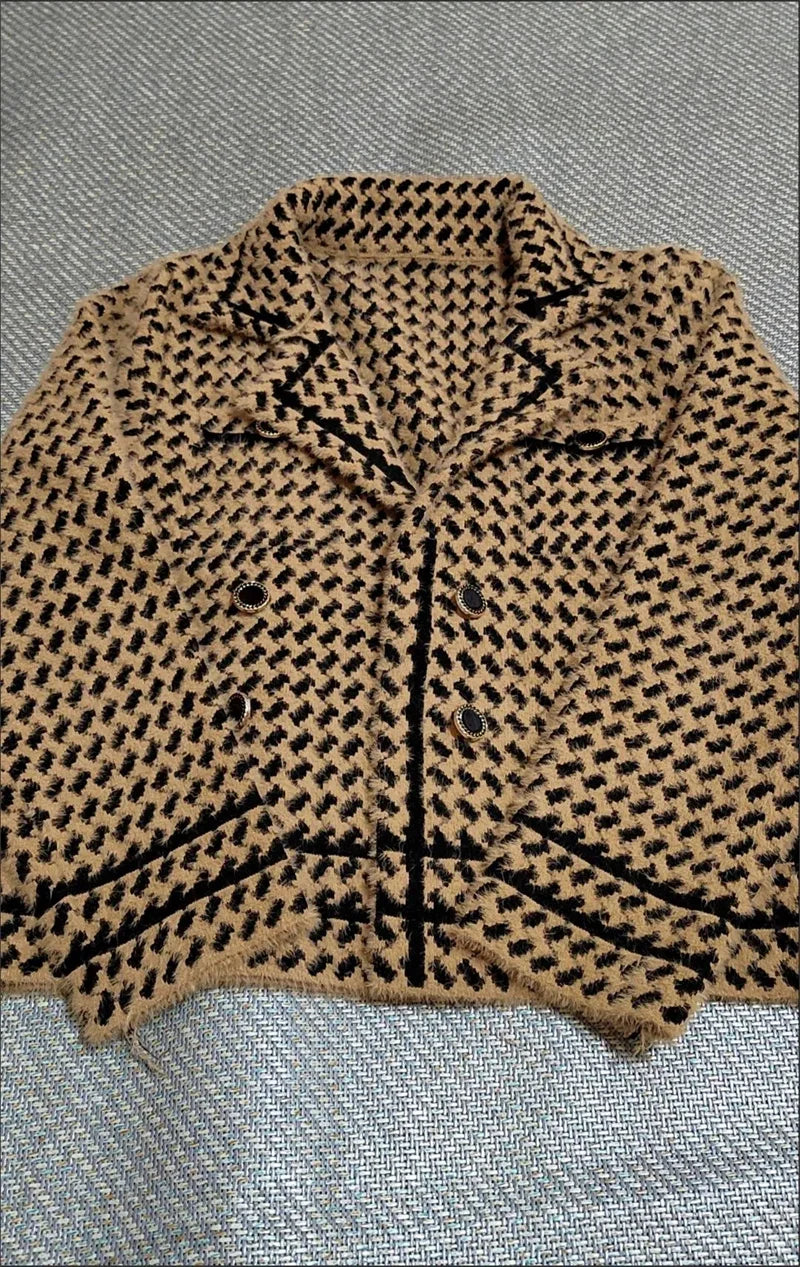 Jackets Women's Autumn Winter 2025 New Small Fragrance Short Coat Female Style Vintage Houndstooth Knitted Cardigan Outwear Tops