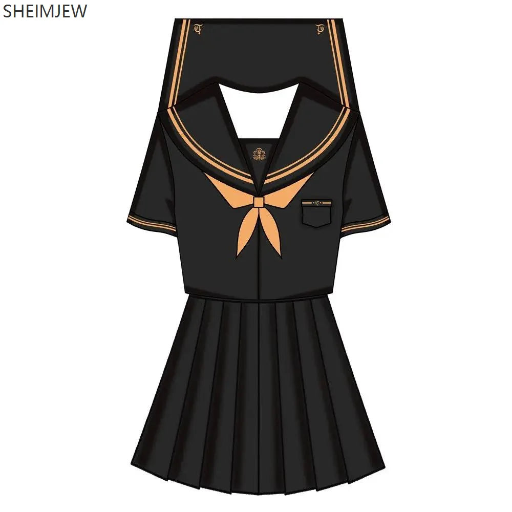 Japanese School Uniform Girls Plus Size Jk Suit Role Play High School Yellow Tie Black Basic Sailor Suit Female Long Sleeve Suit