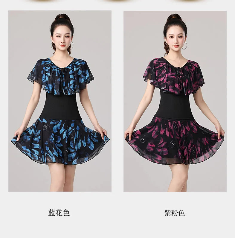 Women Samba Latin Dance Practice Suit Summer New Net Yarn Printed Modern Dance Performance Costume Square Modern Evening Dresses