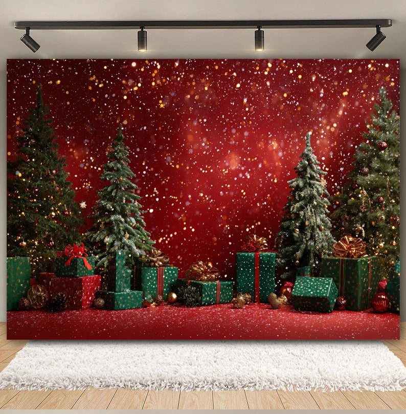Christmas Day Decor Backdrop for Photography Xmas Tree Red Room Wall Glitter Gift Family Holiday Portrait Decor Photo Background
