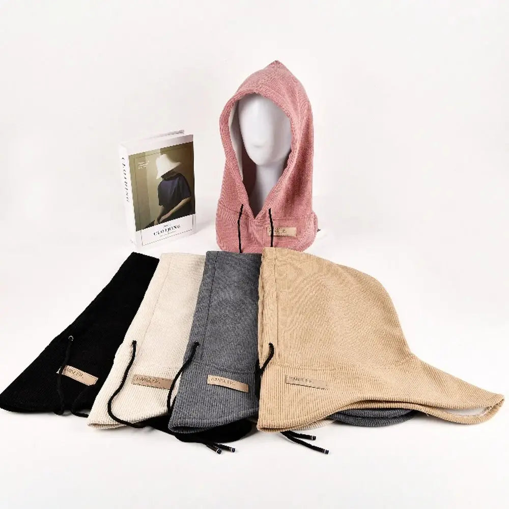 Winter Balaclava Hats For Men&Women Corduroy Hooded Caps Outdoor Warmer Drawstring Hats One-Piece Neck Collar Beanies Cap