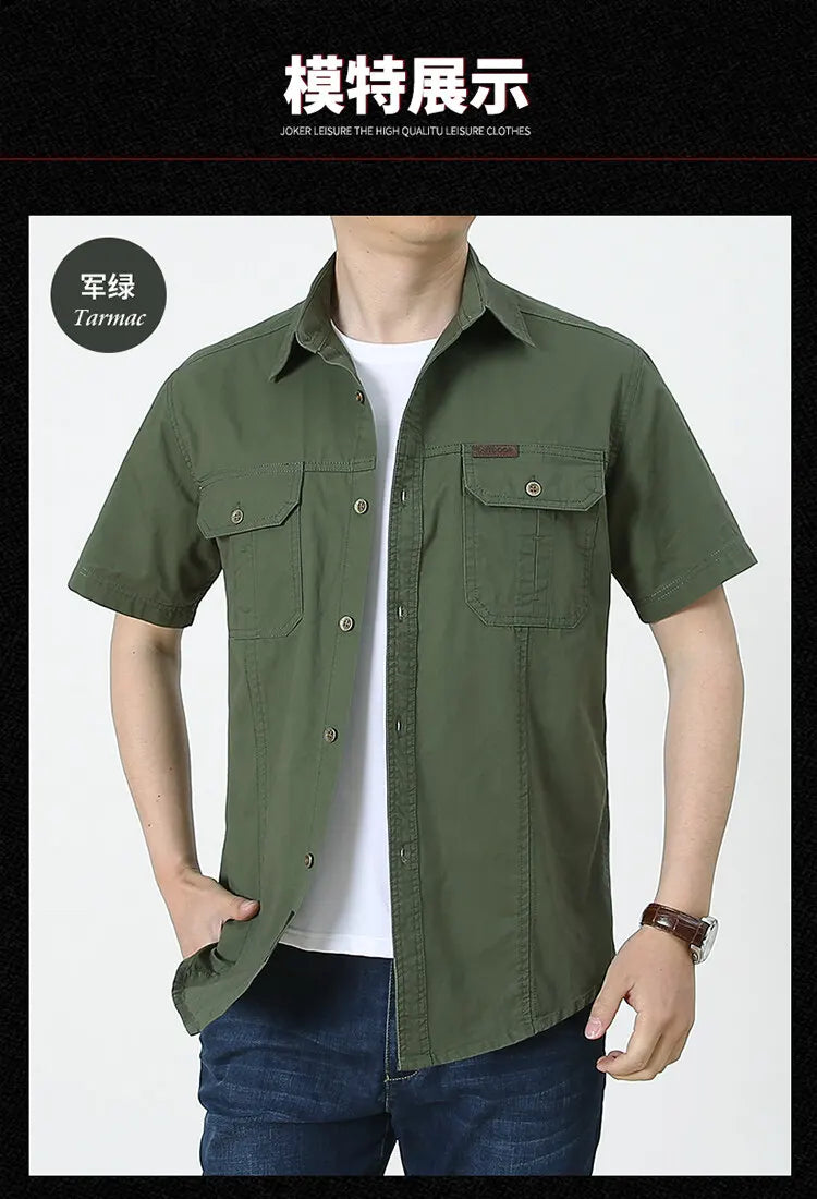 2023 Men Cargo Shirt Casual 100% Cotton Solid Short Sleeve Multi Pocket Work Blouses Loose Plus Size 5XL Business Men Clothing