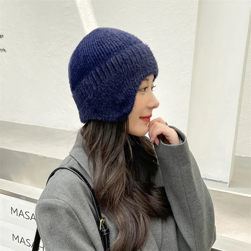 Winter Women Earflap caps Snowflake knitted hats Ear protection hats  Adult Ladies casual mohair beanie cap Gorros