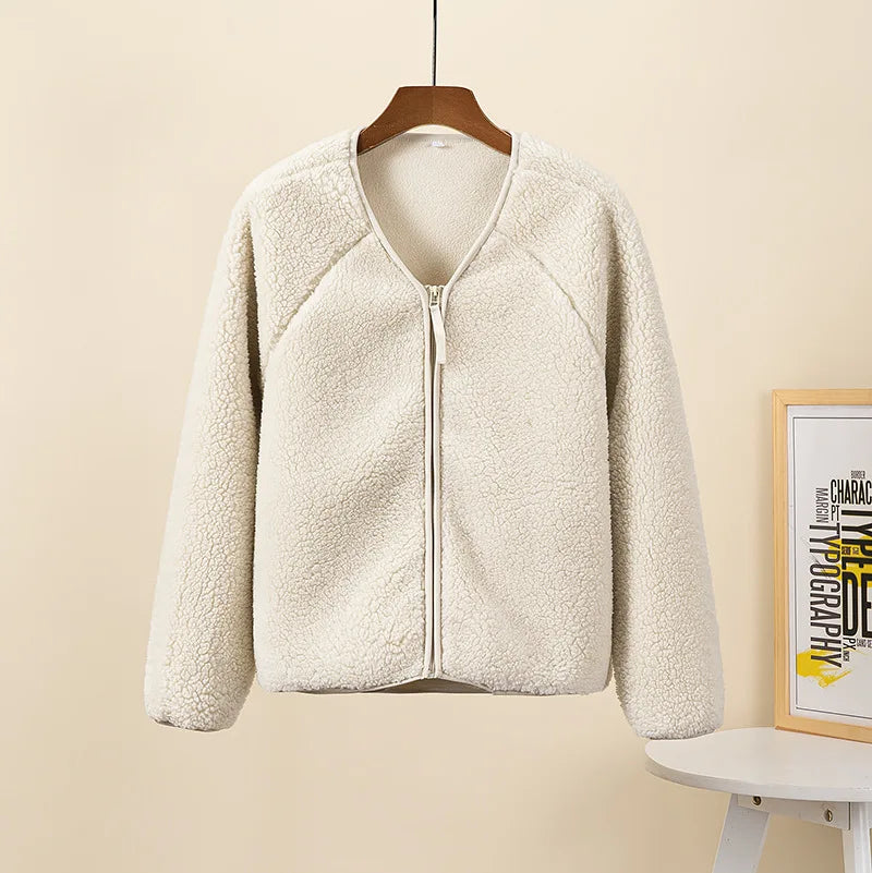 Women Lambswool Jackets 2025 Autumn Winter Thicken Warm Lady Long Sleeve V-neck Outrewear Solid Color Female Chic Zipper Coats