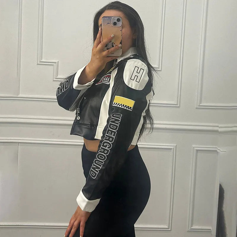 Women Fashion Hipster Pu Leather Jacket Y2K Letter Printed Hipster Motorcycle Jackets Spring Autumn Single-Breasted Casual Coat