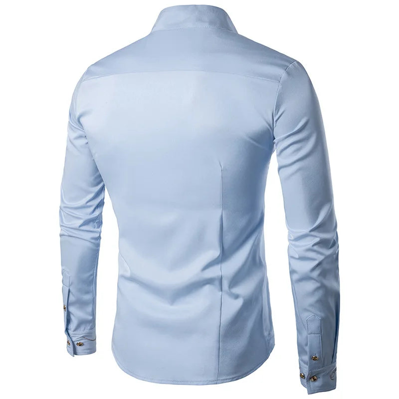 2025 Men's Oblique Button Dress Shirt High Quality Long Sleeve Slim Embroidery Shirts Men Stand Collar Business Wedding Camisas