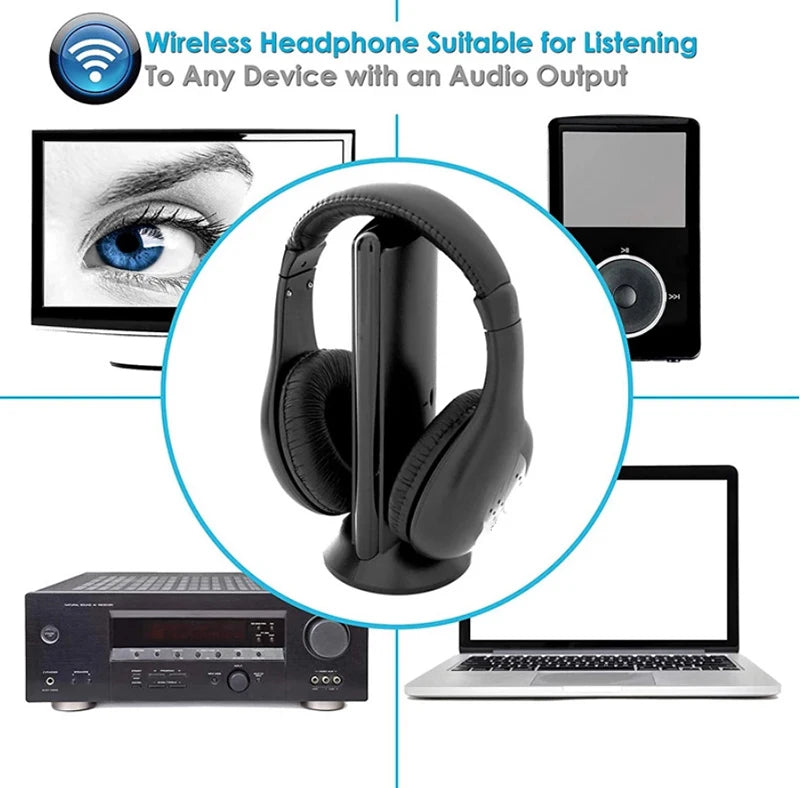 5 In 1 HiFi Wireless Headphones For TV Or Computer FM Radio Earphones Headsets With Microphone And Wireless Receiver