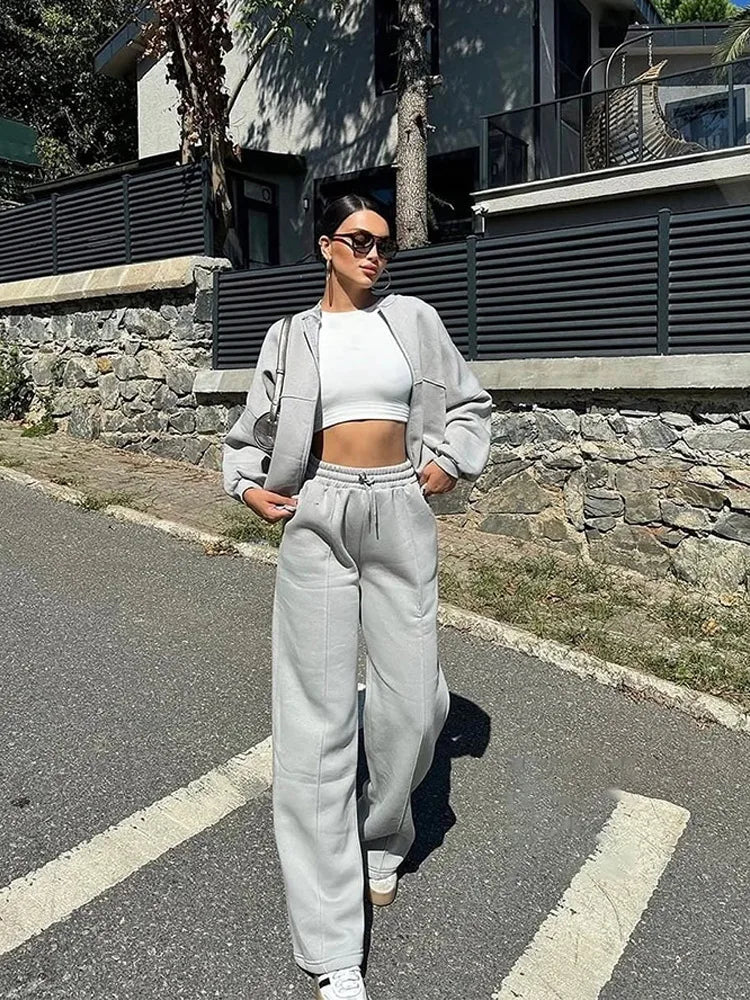 Women Sweatsuit Set Vintage O-neck Zipper Bomber Jackets High Waist Loose Pants Suit Female 2025 Spring Fashion Lady Sportswear