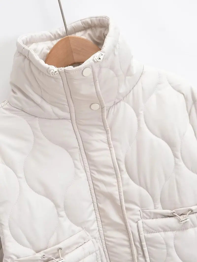 Quilted coat for women ETJ 2024traf QUILTED JACKET WITH TIES new beige drawstring high neck pocket clip cotton jacket for women