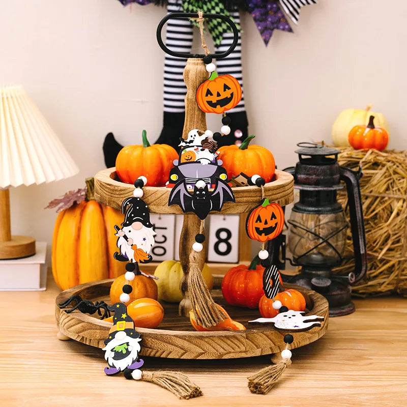 Halloween Wooden Hanging Decorative Ghost Festival Atmosphere Decorations Beaded Witch Pumpkin Bat Pendant Home Party Supplies
