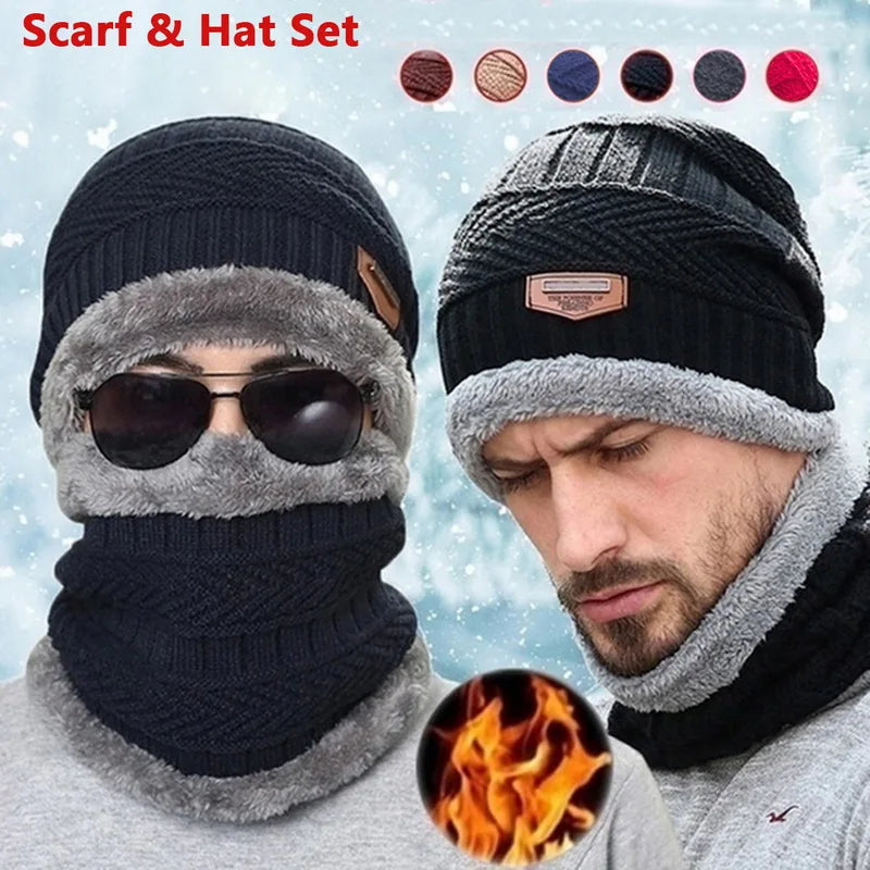 Winter Hat For Men Fleece Scarf Women Neck Leather Knitted Cap Thick Wool Neck Warmer Balaclava Ski Mask Skullies Beanies