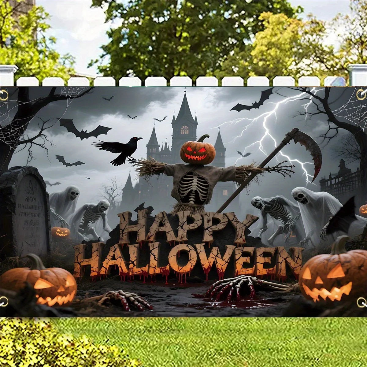 Halloween background: Colorful and eerie pumpkin, scared mouse, bat, dead tree, skull pattern Halloween wall banner